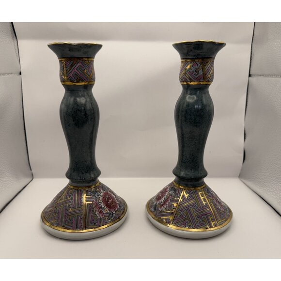 Vintage Hand Painted Chinoiserie Floral Trinket Dish & Matching Candle Sticks! - Picture 2 of 14